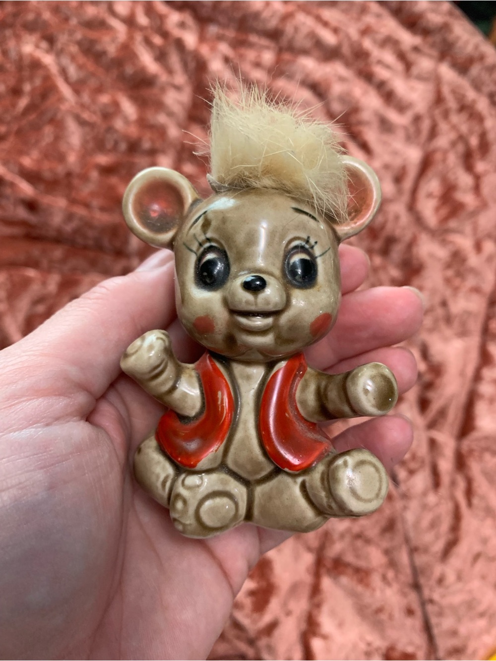 Vintage MCM porcelain/glass glazed bear figurine with fur accent